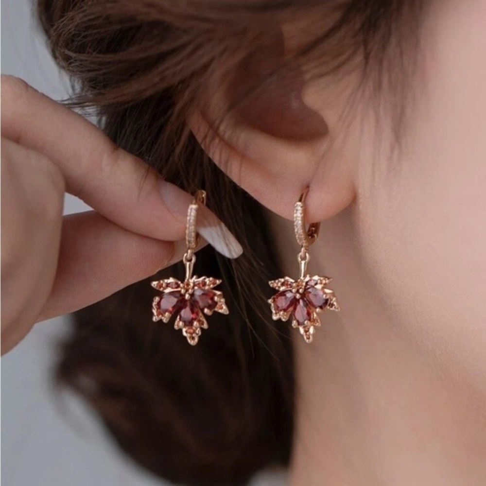 18k Gold Plated Burgundy Crystal Maple Leaf Drop Earrings